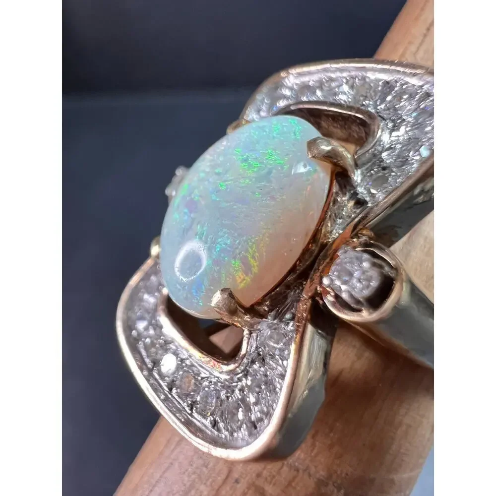 Vintage 14K Opal & Diamond Ring | Size 6.5 | Papered | 1.80ct | 60s–70s
